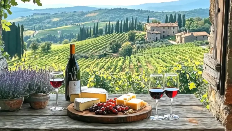 Wine and cheese overlooking vineyards