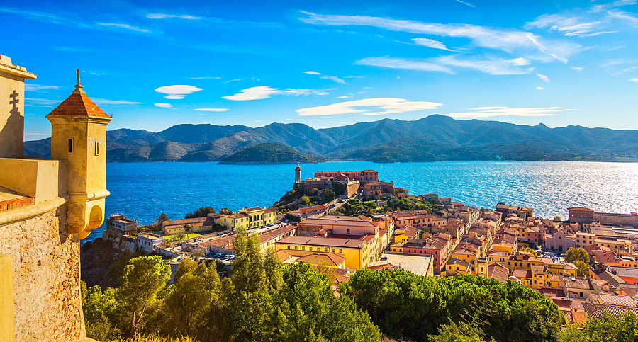 Portoferraio harbour and coastal town on Elba under clear Tuscan light