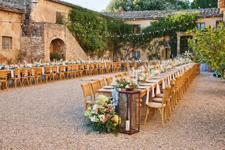 In-villa dining courtyard under festoon lights