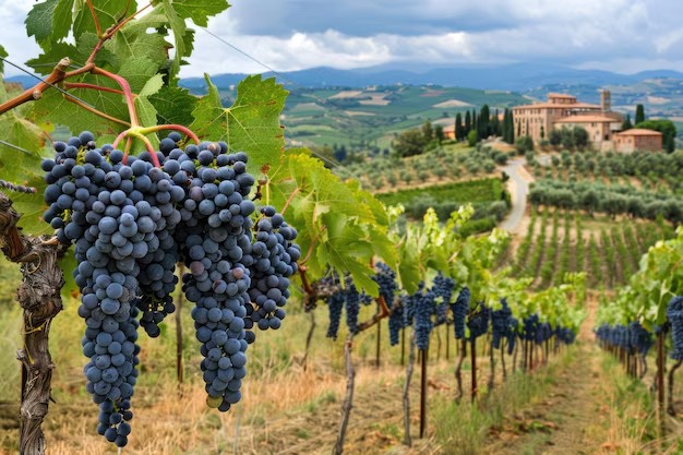 Ripe purple grape clusters on the vine with a historic stone estate beyond the vineyard rows